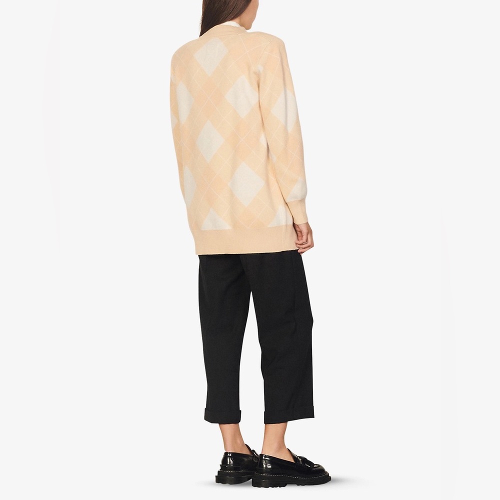 Sandro Argyle Jacquard Cardigan  Tan/White/Cream - Picture 15 of 16